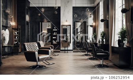 Hair salon in black and white interior with high ceiling. AI-generated content. 106252954