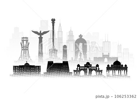 Travel architecture silhouette in Tajikistan with Black halftone style. 106253362