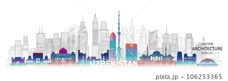 Travel landmark architecture silhouette in Uzbekistan with colorful halftone style. Travel landmark architecture silhouette in Uzbekistan with colorful halftone style. 106253365