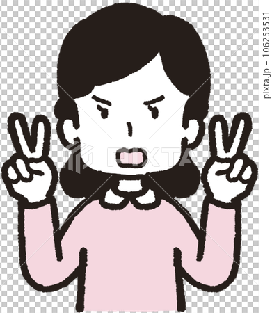 一個憤怒的女人用雙手做和平手勢的上半身插圖 106253531