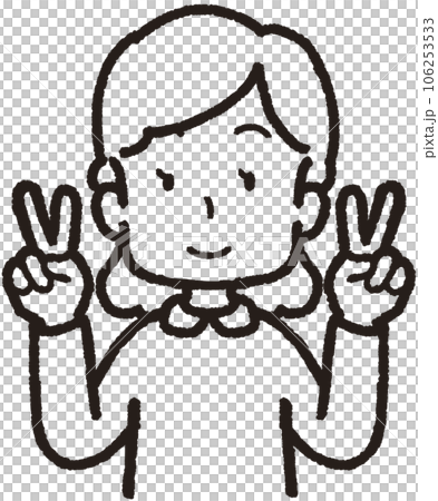 Upper body line drawing illustration of a woman who makes a peace sign with both hands and laughs Upper body line drawing illustration of a woman who makes a peace sign with both hands and laughs 106253533