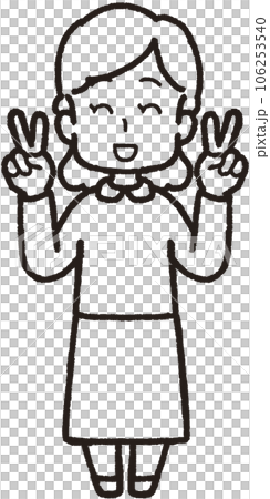 Full-body line drawing illustration of a woman who makes a peace sign with both hands and laughs 106253540