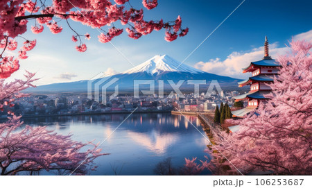 春 桜と富士山 新倉山浅間神社のような 春 桜と富士山 新倉山浅間神社のような 106253687