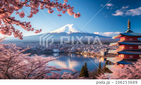 春 桜と富士山 新倉山浅間神社のような 春 桜と富士山 新倉山浅間神社のような 106253689