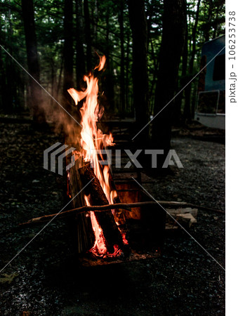 Close up picture of wood burning in a camp fire. Hot Red Flames. Taken in Nova Scotia, Canada Dark Mood 106253738