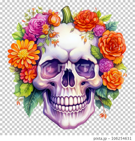 Halloween Skull with Pumpkin and Flowers clipart isolated on Transparent Background Halloween Skull with Pumpkin and Flowers clipart isolated on Transparent Background 106254631
