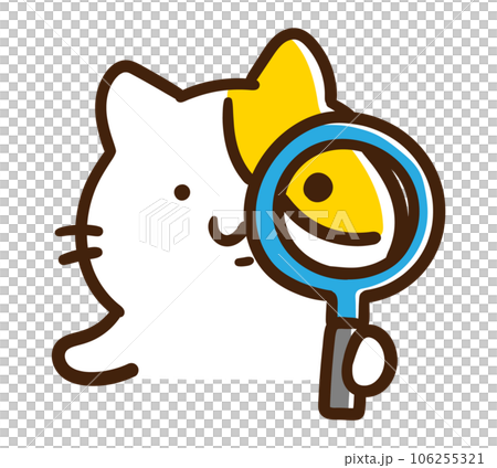Deformed illustration of a cute cat character observing with a magnifying glass 106255321