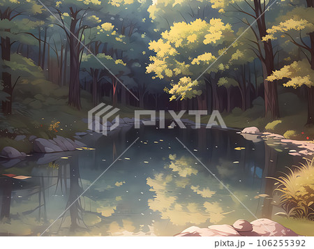 湖面に映る森 106255392