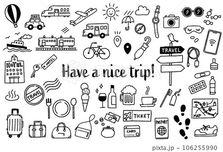 シンプルでかわいい手描きの旅行イラストセット（モノクロ） 106255990