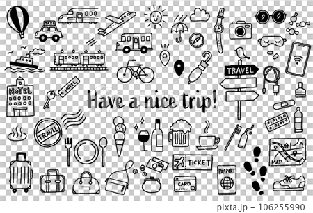 シンプルでかわいい手描きの旅行イラストセット（モノクロ） 106255990