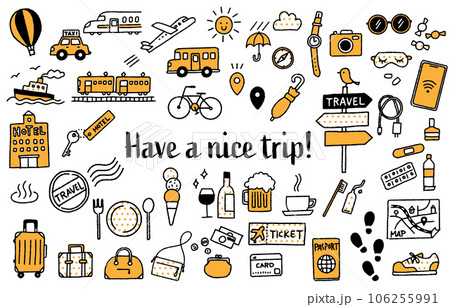 シンプルでかわいい手描きの旅行イラストセット（イエロー） 106255991