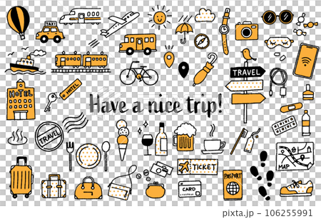 シンプルでかわいい手描きの旅行イラストセット（イエロー） 106255991