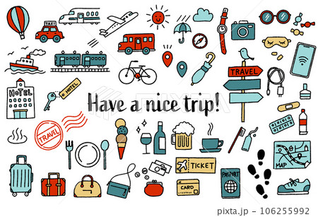 シンプルでかわいい手描きの旅行イラストセット(カラフル) シンプルでかわいい手描きの旅行イラストセット(カラフル) 106255992