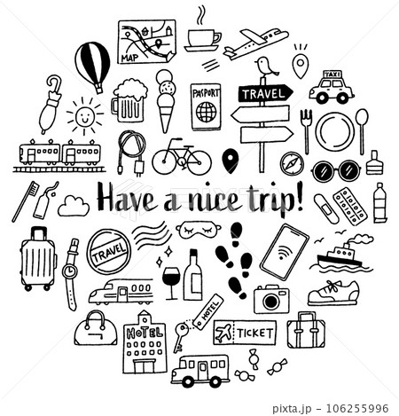 シンプルでかわいい手描きの旅行イラストセット（モノクロ） 106255996