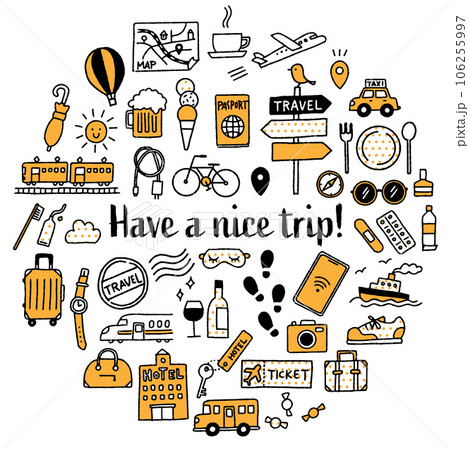 シンプルでかわいい手描きの旅行イラストセット（イエロー） 106255997