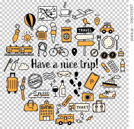シンプルでかわいい手描きの旅行イラストセット（イエロー） 106255997
