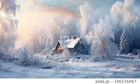Cozy winter landscape, golden hour, snow and forest and a house in the forest. High quality photo Cozy winter landscape, golden hour, snow and forest and a house in the forest. High quality photo 106256067