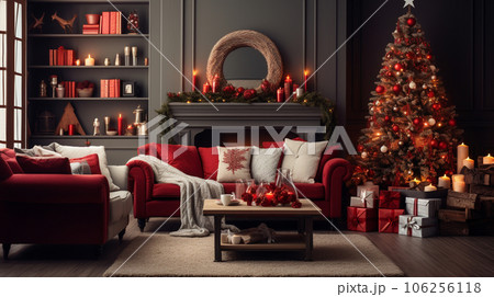 A cozy room in a traditional style with warm light on the eve of the New Year holidays. High quality photo 106256118