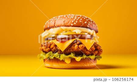 Burger with chicken patty, veggies and cheese on yellow background with space for text. High quality photo Burger with chicken patty, veggies and cheese on yellow background with space for text. High quality photo 106256174