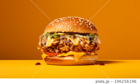 Burger with chicken patty, veggies and cheese on yellow background with space for text. High quality photo Burger with chicken patty, veggies and cheese on yellow background with space for text. High quality photo 106256196
