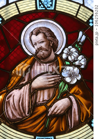 Saint Joseph, stained glass window in Basilica Assumption of the Virgin Mary in Marija Bistrica, Croatia Saint Joseph, stained glass window in Basilica Assumption of the Virgin Mary in Marija Bistrica, Croatia 106256282