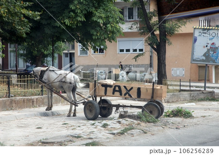Rural traditional horse taxi buggy in Debar, Macedonia Rural traditional horse taxi buggy in Debar, Macedonia 106256289