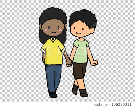 手をつないで歩くカップルのイラスト(黒人女子と日本人男子) 手をつないで歩くカップルのイラスト(黒人女子と日本人男子) 106256311