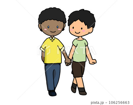 手をつないで歩くカップルのイラスト（黒人男子と日本人男子） 106256663