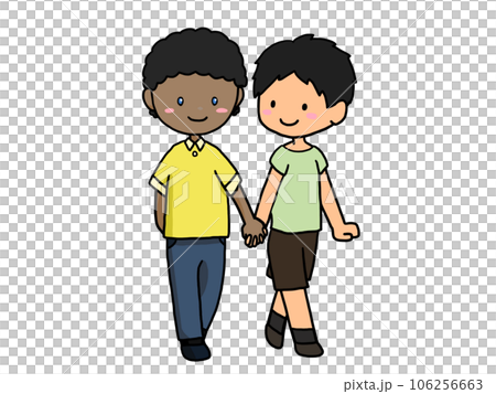手をつないで歩くカップルのイラスト（黒人男子と日本人男子） 106256663