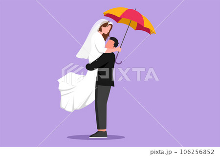 Graphic flat design drawing couple in love under rain with umbrella. Happy man and woman at park and jumping with wedding dress. Married couple romantic relationship. Cartoon style vector illustration 106256852