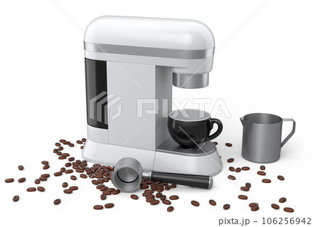 Espresso coffee machine with steel milk frothing pitcher and ceramic coffee cup Espresso coffee machine with steel milk frothing pitcher and ceramic coffee cup 106256942