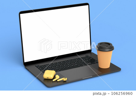 Paper coffee cup with donut and laptop on blue, work place for freelance Paper coffee cup with donut and laptop on blue, work place for freelance 106256960