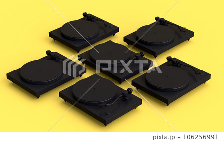Set of vinyl record player or DJ turntable with retro vinyl disk on monochrome 106256991