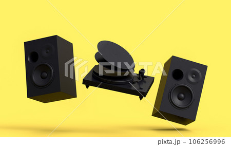 Set of Hi-fi speakers and DJ turntable for sound recording studio on monochrome. Set of Hi-fi speakers and DJ turntable for sound recording studio on monochrome. 106256996
