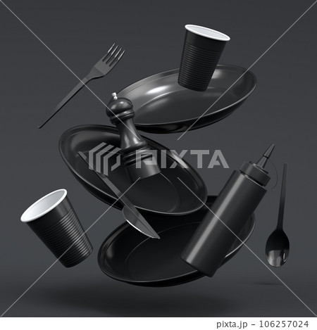 Set of disposable utensils like plate, folk, spoon,knife, cup and pepper mill Set of disposable utensils like plate, folk, spoon,knife, cup and pepper mill 106257024