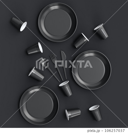 Set of disposable utensils like plate, folk, spoon,knife and cup on monochrome 106257037