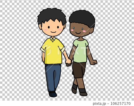 Illustration of a couple walking hand in hand (Japanese men and black men) 106257170