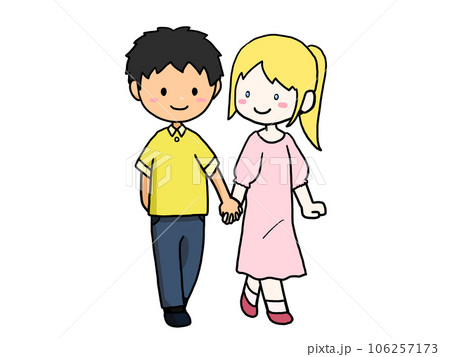 手をつないで歩くカップルのイラスト(日本人男子と白人女子) 手をつないで歩くカップルのイラスト(日本人男子と白人女子) 106257173