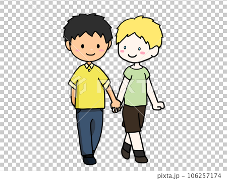 Illustration of a couple walking hand in hand (Japanese boy and Caucasian boy) 106257174