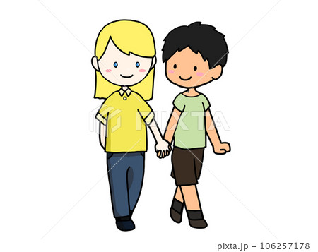 手をつないで歩くカップルのイラスト（白人女子と日本人男子） 106257178