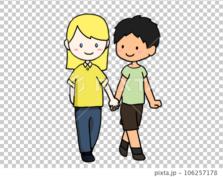 手をつないで歩くカップルのイラスト（白人女子と日本人男子） 106257178