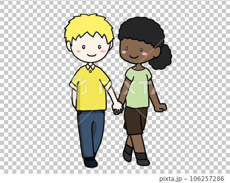 Illustration of a couple walking hand in hand (white boy and black girl) 106257286