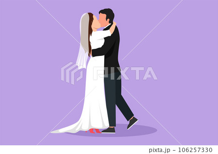 Graphic flat design drawing loving married couple kissing, hugging and holding hands. Happy man wearing suit and pretty woman with dress in wedding celebration party. Cartoon style vector illustration 106257330