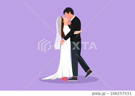 Cartoon flat style drawing cute married couple in love kissing and hugging. Happy romantic man wearing suit and pretty woman with dress in wedding celebration party. Graphic design vector illustration 106257331