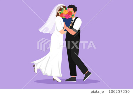 Graphic flat design drawing of cute married couple hugging and kissing behind bouquet of flowers. Happy handsome man and pretty woman celebrating wedding anniversary. Cartoon style vector illustration Graphic flat design drawing of cute married couple hugging and kissing behind bouquet of flowers. Happy handsome man and pretty woman celebrating wedding anniversary. Cartoon style vector illustration 106257350