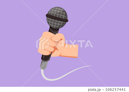 Character flat drawing karaoke man sings song with microphone. Singer holding microphone in his hand at karaoke singer sing a song. Mic equipment for music festival. Cartoon design vector illustration 106257441