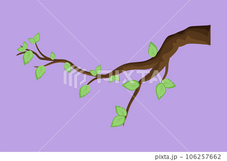 Cartoon flat style drawing dense of leaf hanging from tree branch. Spring planting. Early seedlings grown from seeds. Agriculture. Earth day, ecology concept, icon. Graphic design vector illustration 106257662