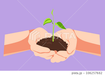 Graphic flat design drawing front view of hands holding plant in soil isolated on blue background. Environment earth day in the hands of trees growing seedlings logo. Cartoon style vector illustration 106257682