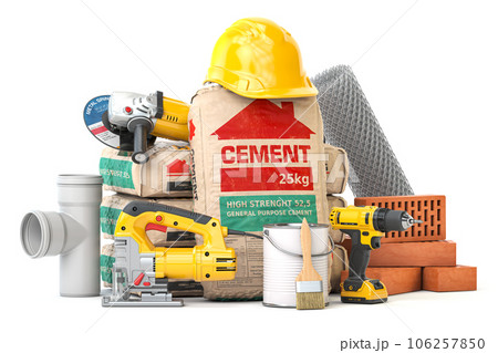 Construction materials and tools isolated on white background. 106257850