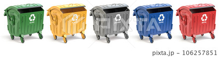 Garbage containers with separated garbage. Trash bins for plastic, glass, paper and organic. Segregate waste and garbage recycling concept. 106257851